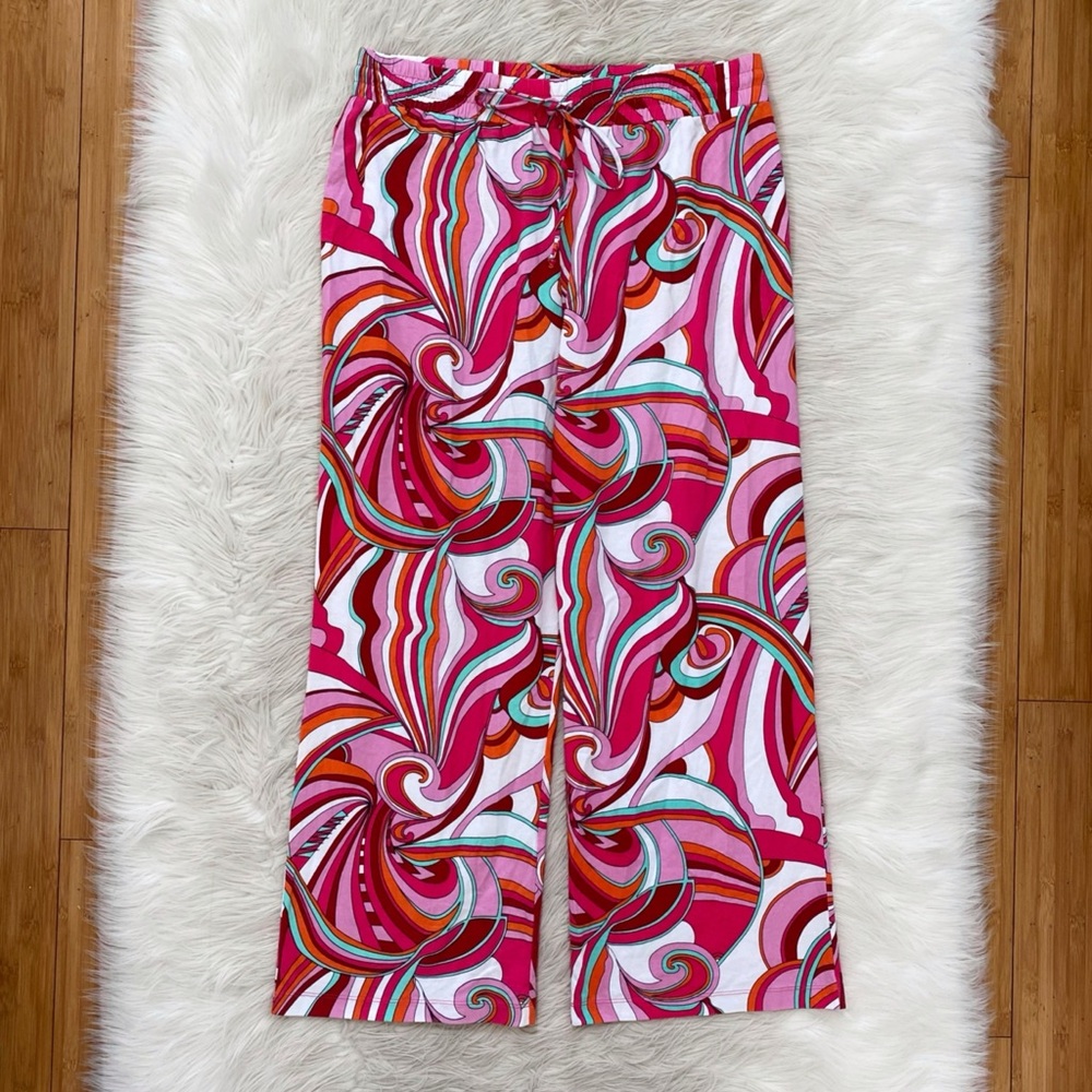 Nikki Poulos Pink White Groovy Retro 60s Disco Wide Leg Loungewear Resort Pants - Picture 1 of 7